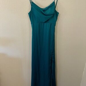 JVN By Jovani Green Satin Evening Dress Formal Train Modest Slit Flare Size 6